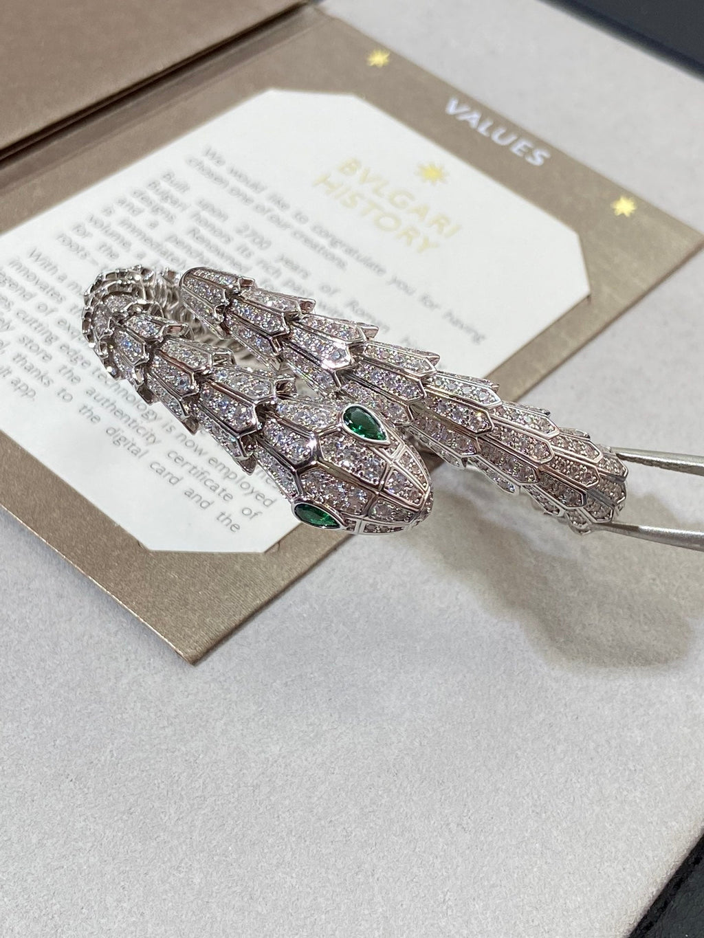 Bvlgari SERPENT MALACHITE SILVER DIAMOND PAVED BRACELET