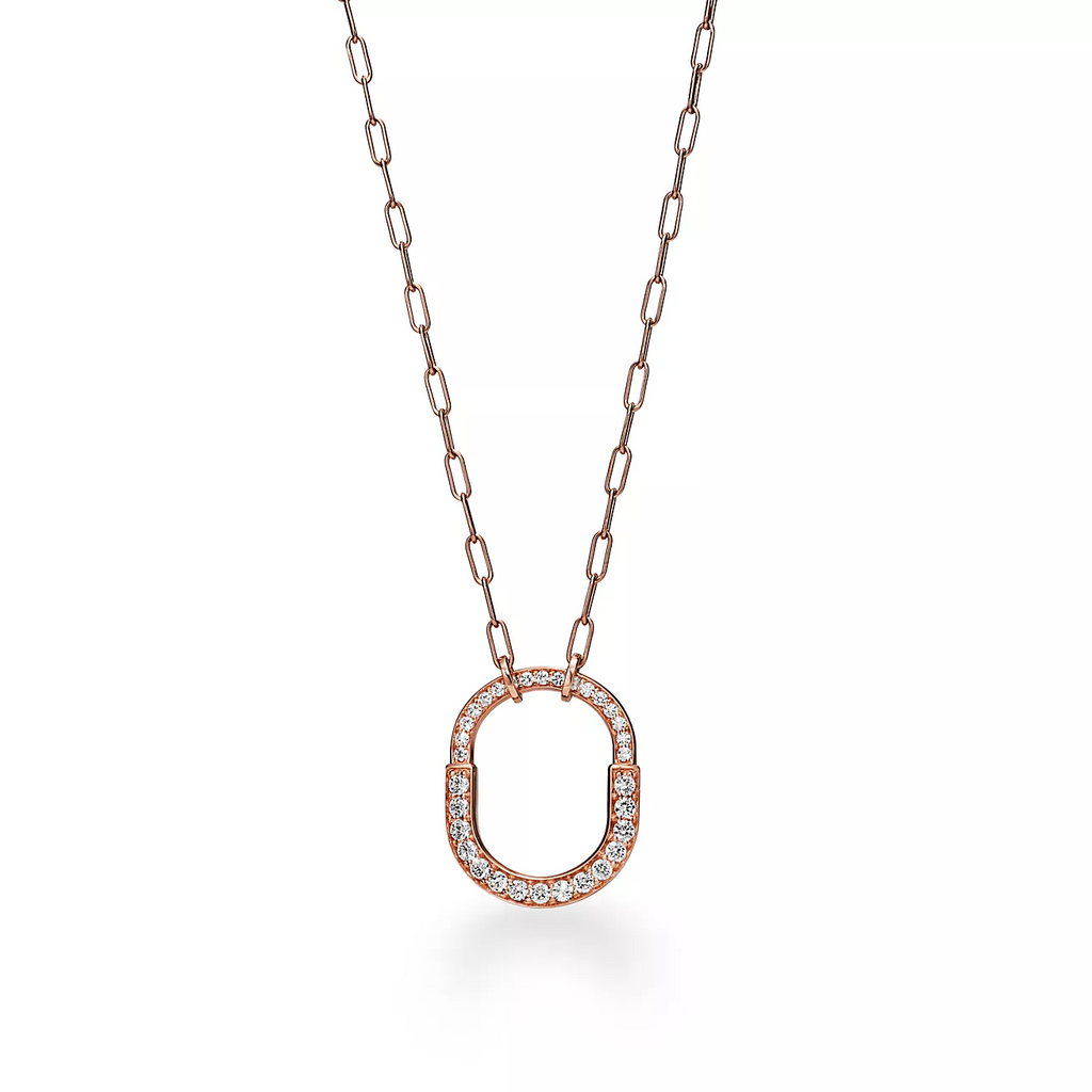 TIFFANY & CO. LOCK NECKLACE MEDIUM PENDANT PINK GOLD PAVED DIAMONDS
