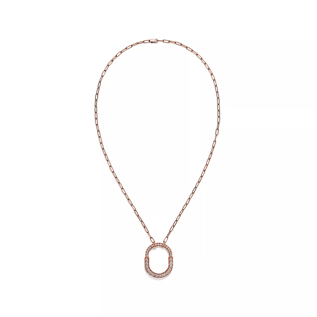 TIFFANY & CO. LOCK NECKLACE MEDIUM PENDANT PINK GOLD PAVED DIAMONDS