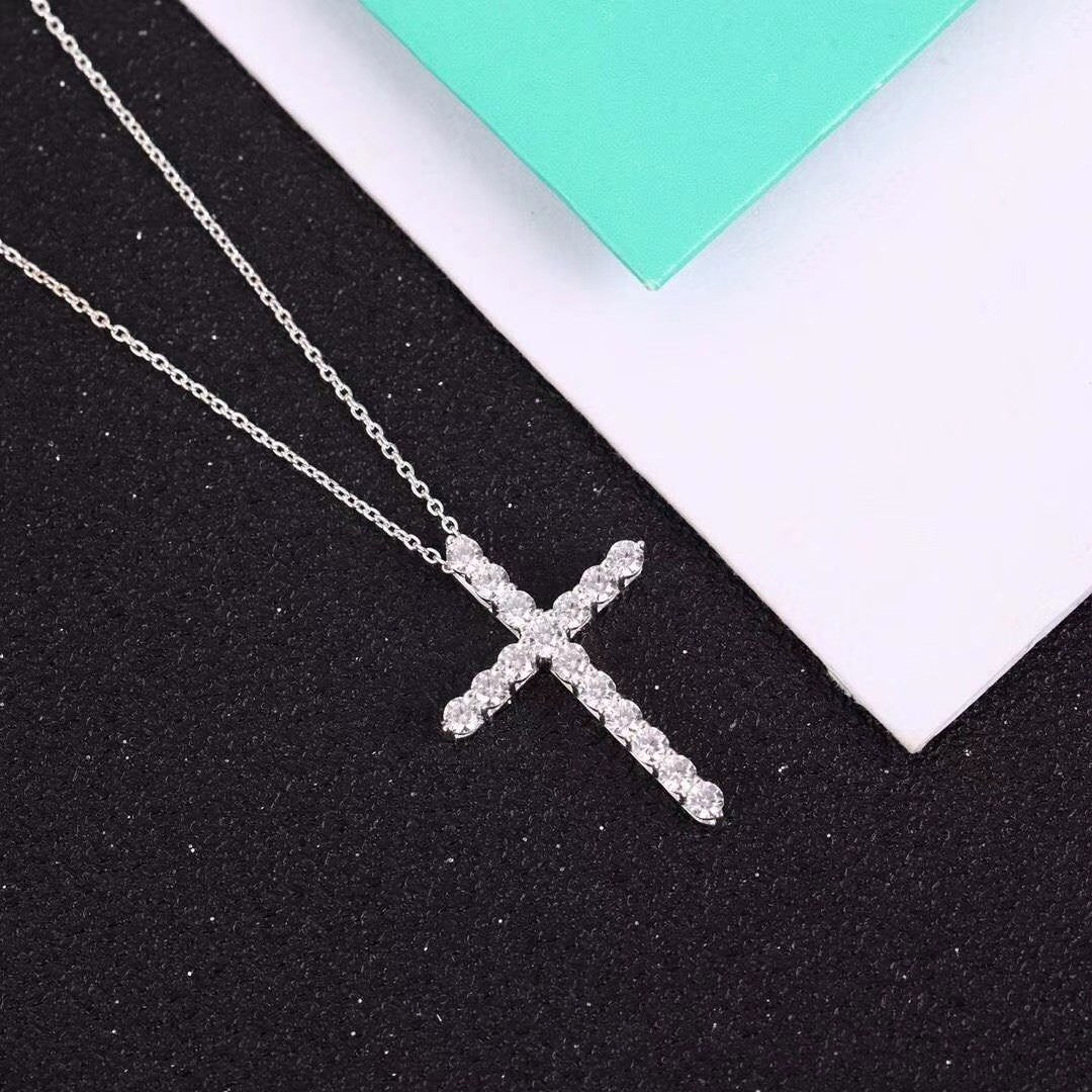 TIFFANY & CO. MOISSANITE STONE CROSS PENDANT NECKLACE SIMULATED DIAMOND CROSS CHOKER