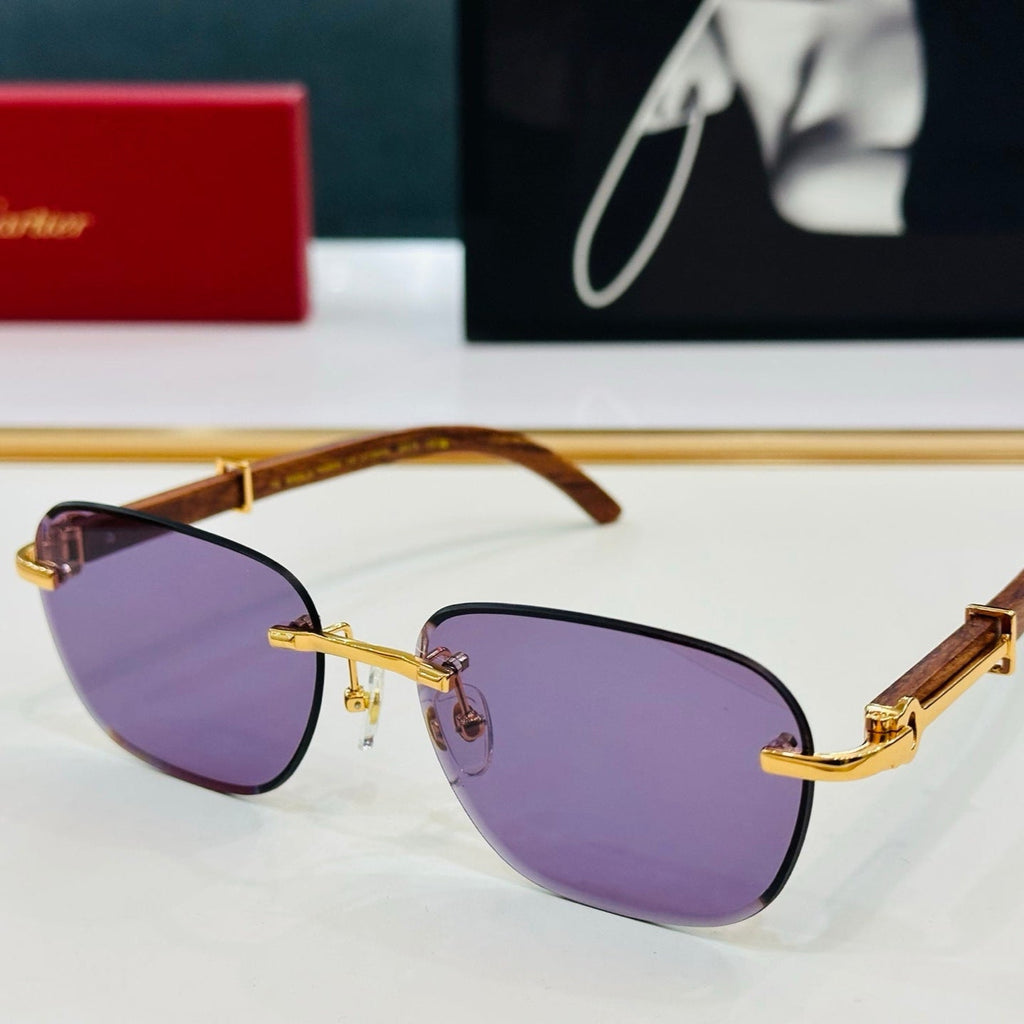 CARTIER C DE RIMLESS SQUARE FRAME SUNGLASSES CT0605S IN METAL AND WOODEN