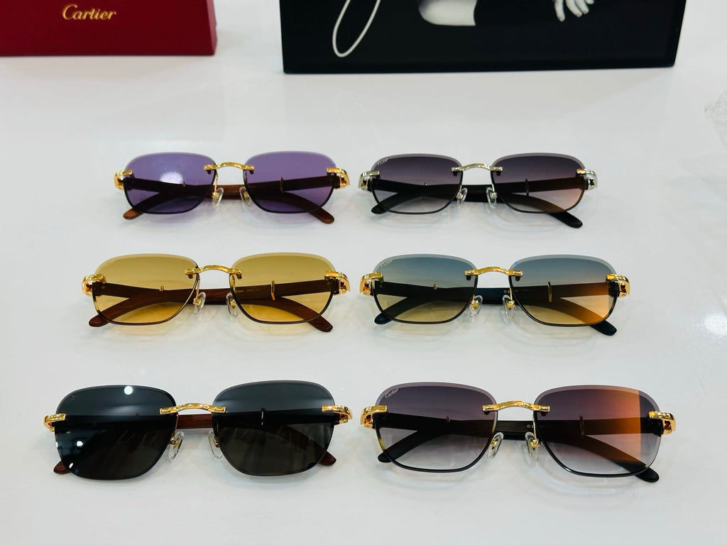 CARTIER C DE RIMLESS SQUARE FRAME SUNGLASSES CT0605S IN METAL AND WOODEN