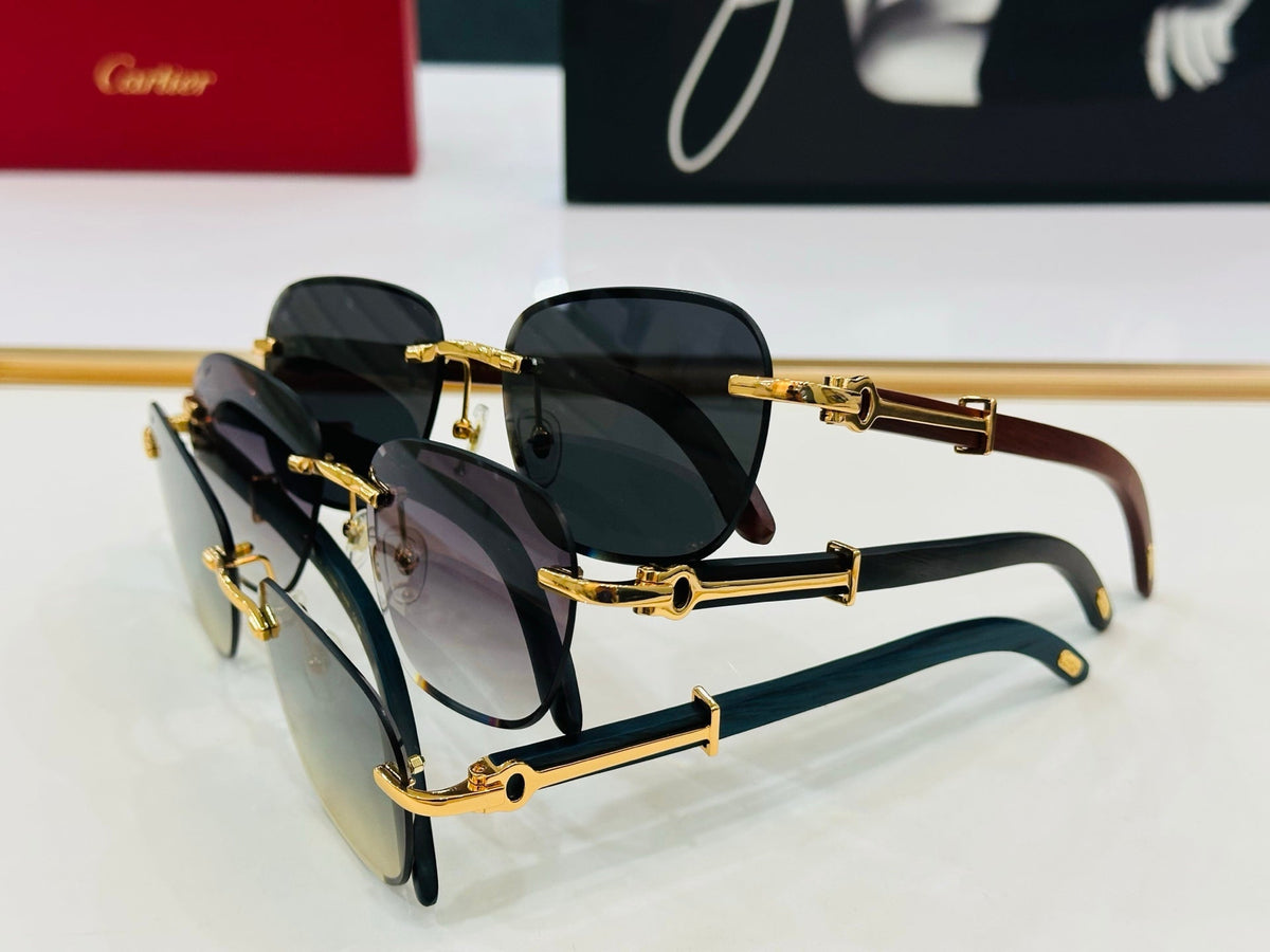 CARTIER C DE RIMLESS SQUARE FRAME SUNGLASSES CT0605S IN METAL AND WOODEN