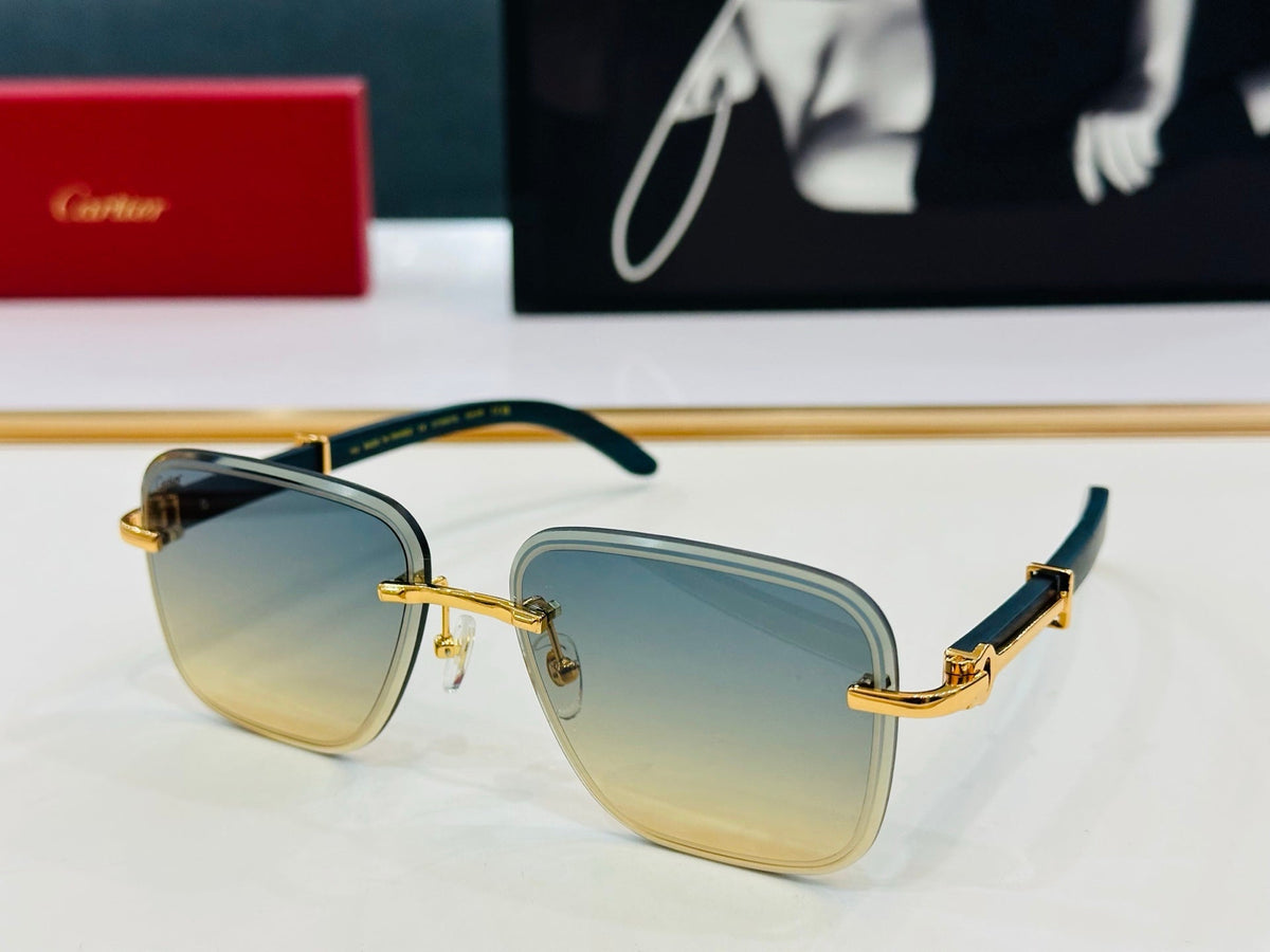 CARTIER C DE RIMLESS RECTANGULAR FRAME SUNGLASSES CT0607S IN METAL AND WOODEN