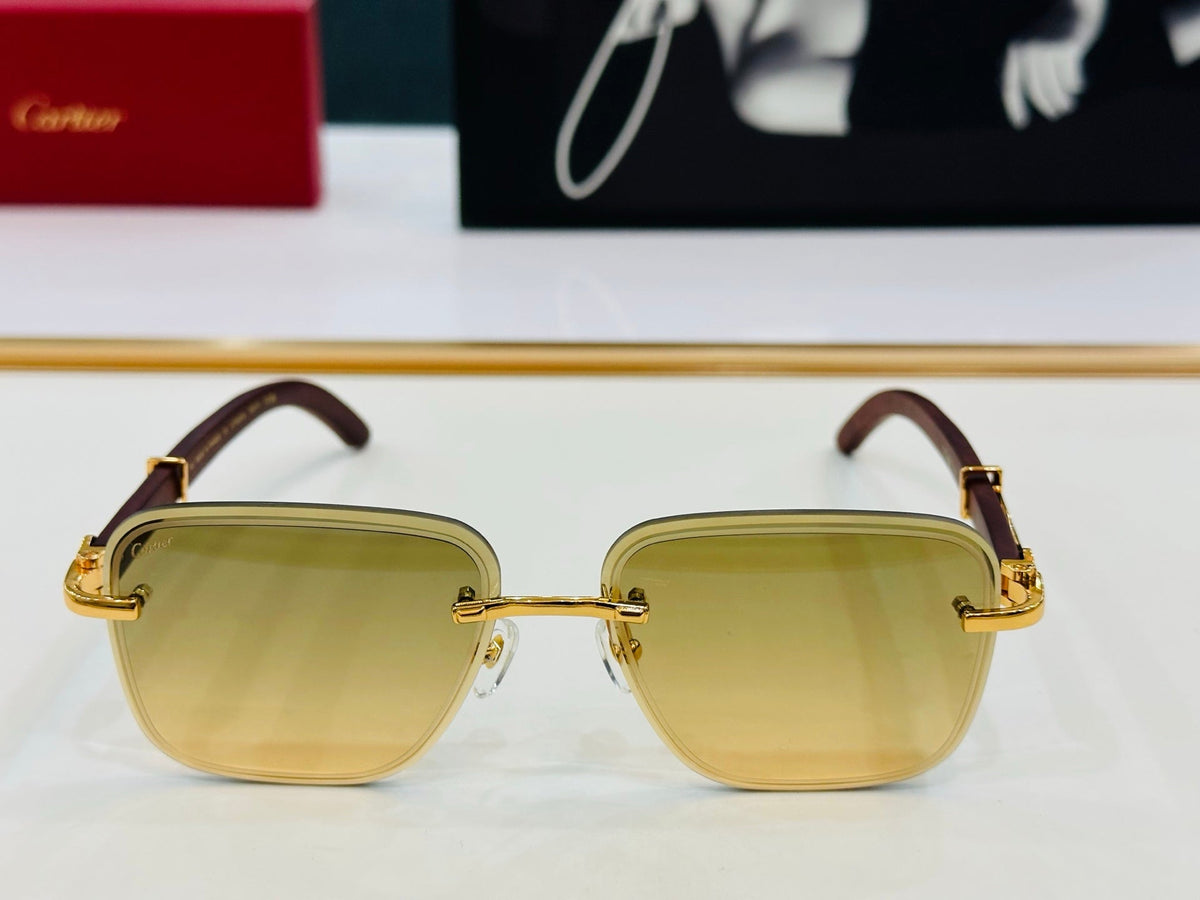 CARTIER C DE RIMLESS RECTANGULAR FRAME SUNGLASSES CT0607S IN METAL AND WOODEN