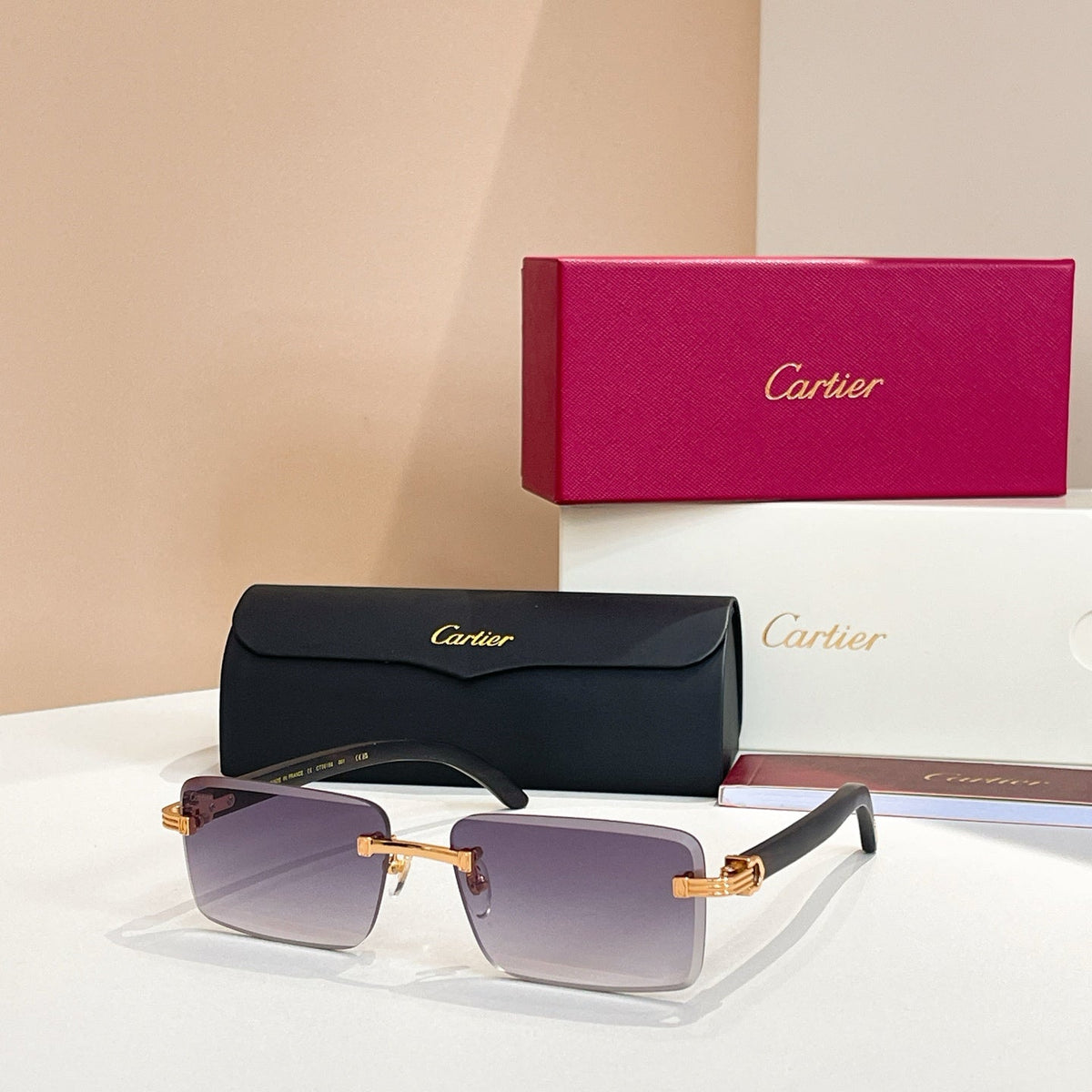 CARTIER C DE RIMLESS RECTANGULAR FRAME SUNGLASSES CT0619S IN METAL AND WOODEN