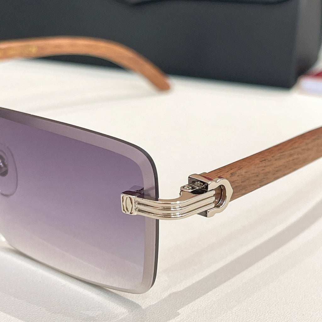 CARTIER C DE RIMLESS RECTANGULAR FRAME SUNGLASSES CT0619S IN METAL AND WOODEN