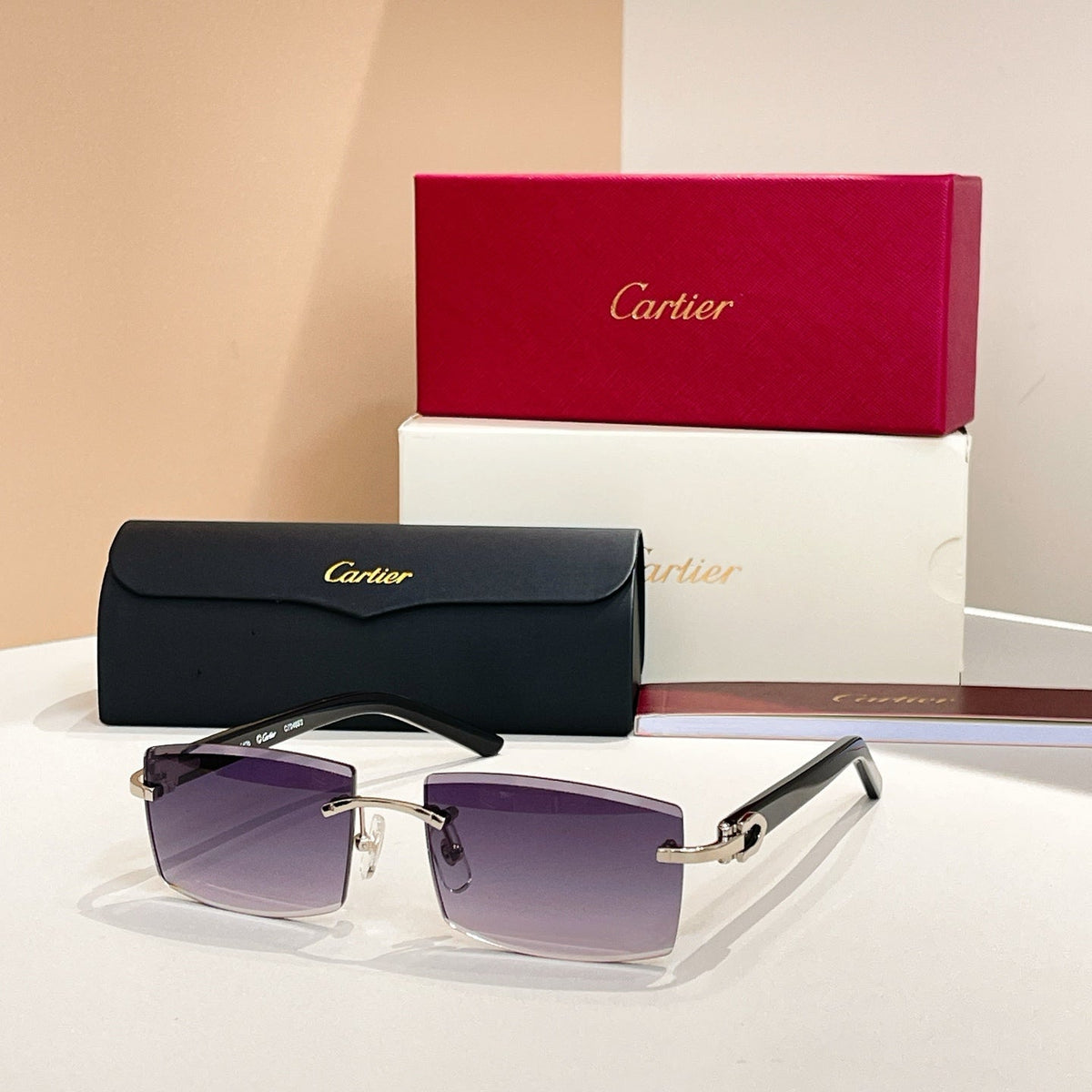 CARTIER C DE RIMLESS RECTANGULAR FRAME SUNGLASSES  571828 IN METAL