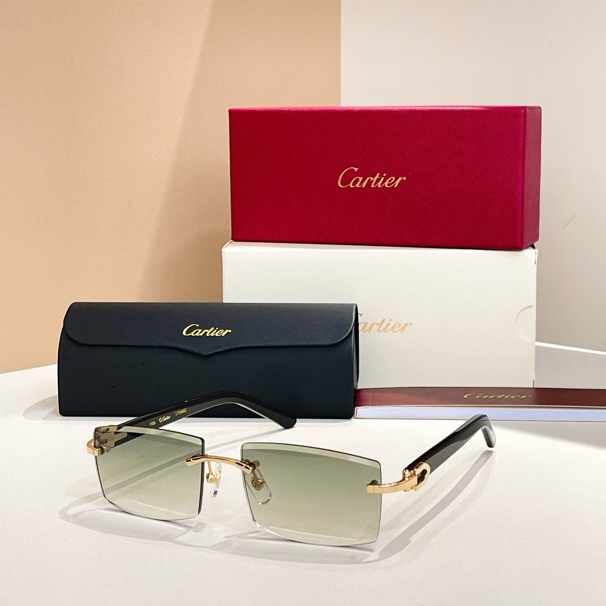 CARTIER C DE RIMLESS RECTANGULAR FRAME SUNGLASSES  571828 IN METAL