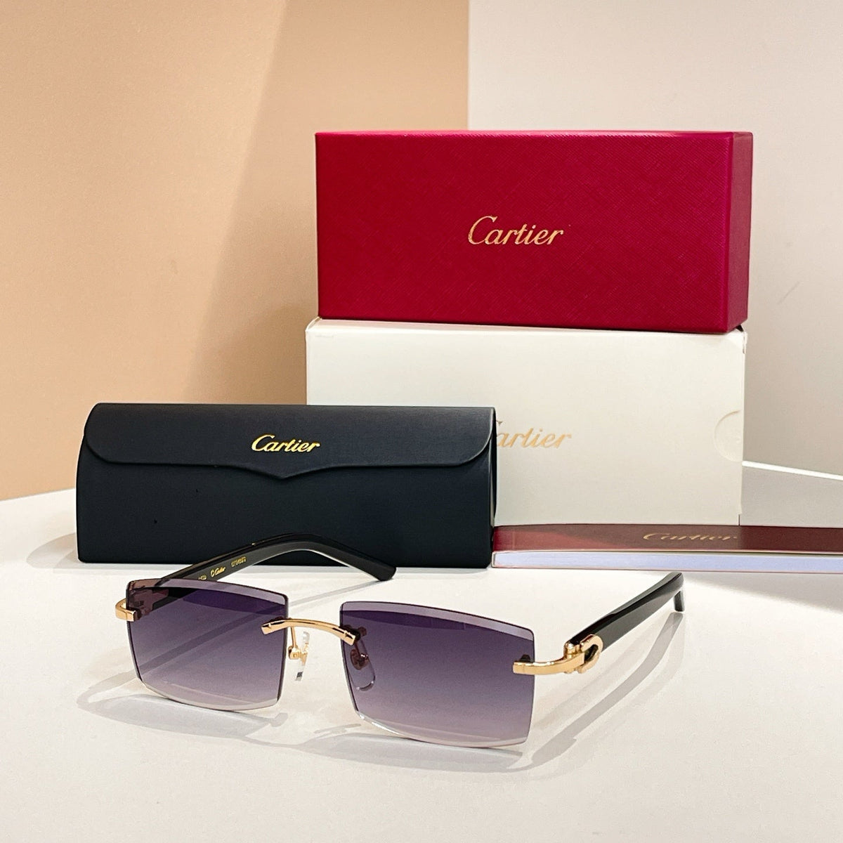 CARTIER C DE RIMLESS RECTANGULAR FRAME SUNGLASSES  571828 IN METAL