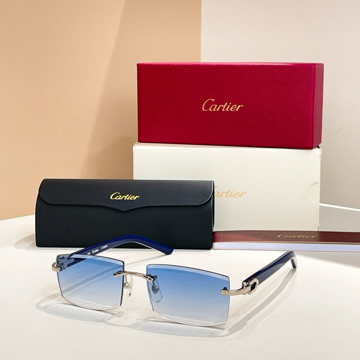 CARTIER C DE RIMLESS RECTANGULAR FRAME SUNGLASSES  571828 IN METAL
