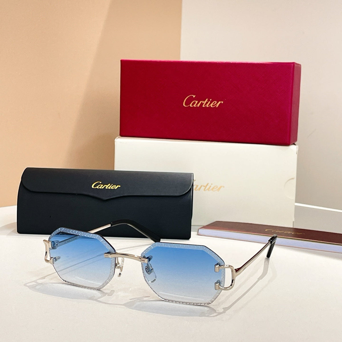 CARTIER C DE RIMLESS GEOMETRIC FRAME SUNGLASSES CT0092O IN METAL