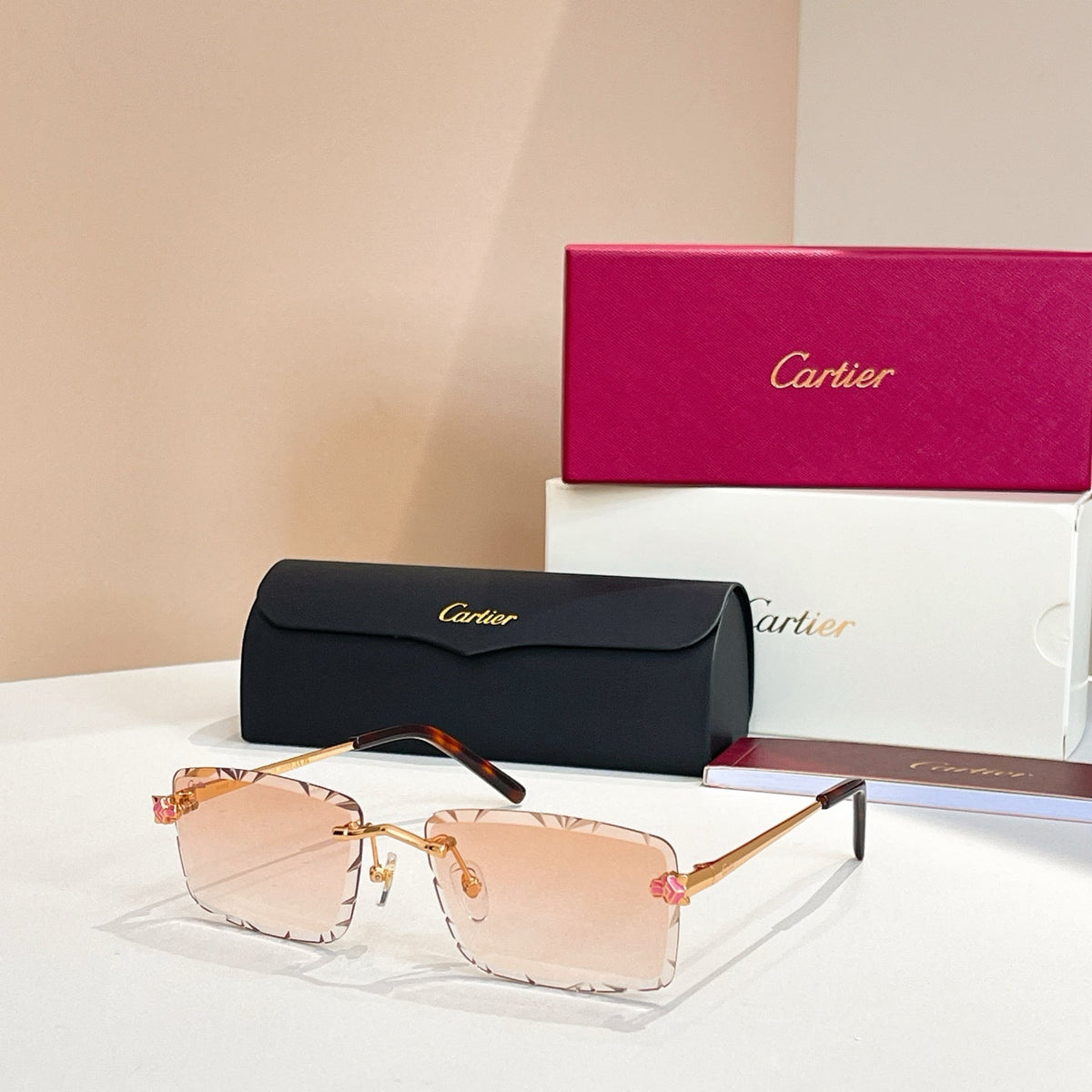 CARTIER C DE RIMLESS RECTANGULAR FRAME SUNGLASSES 578359 IN METAL