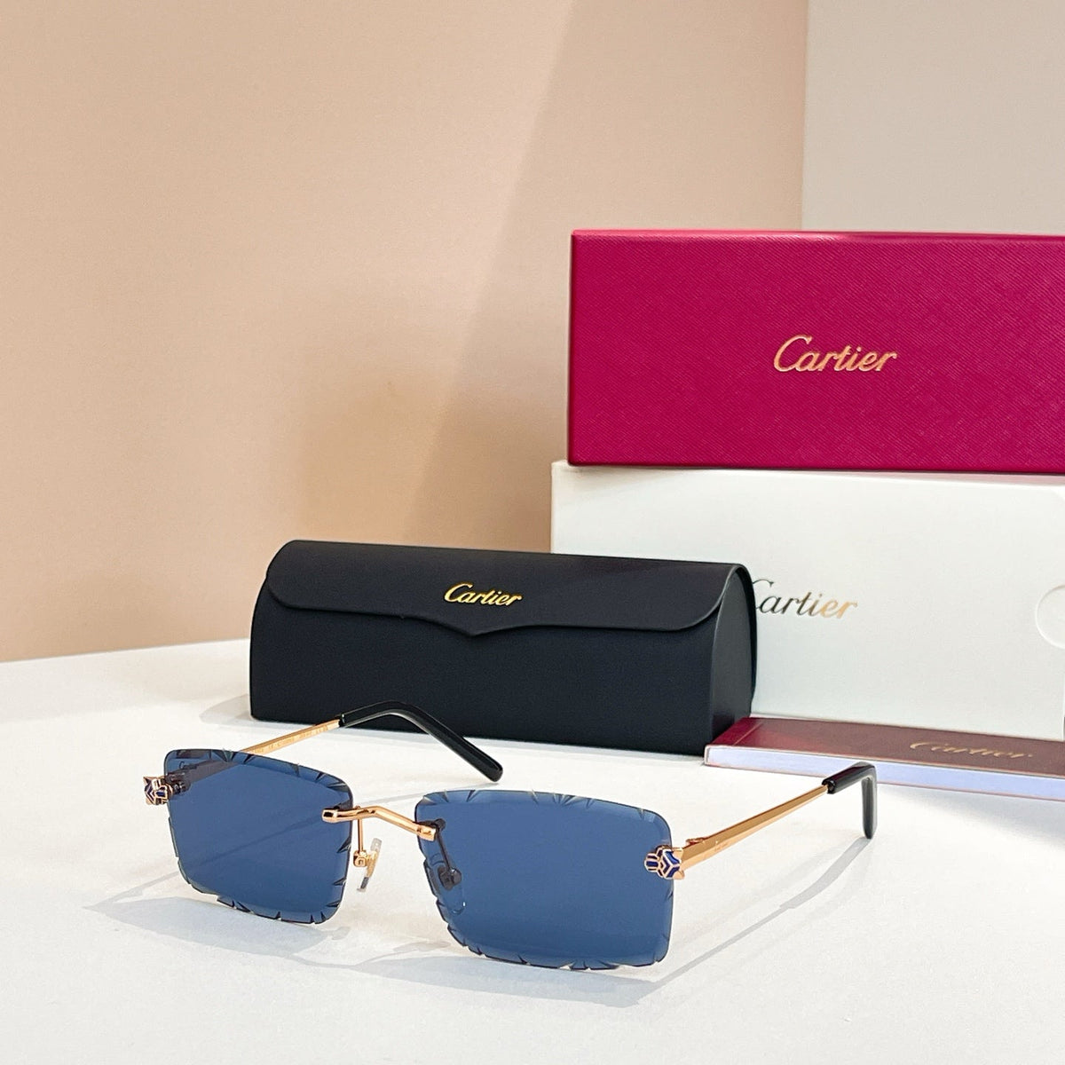 CARTIER C DE RIMLESS RECTANGULAR FRAME SUNGLASSES 578359 IN METAL
