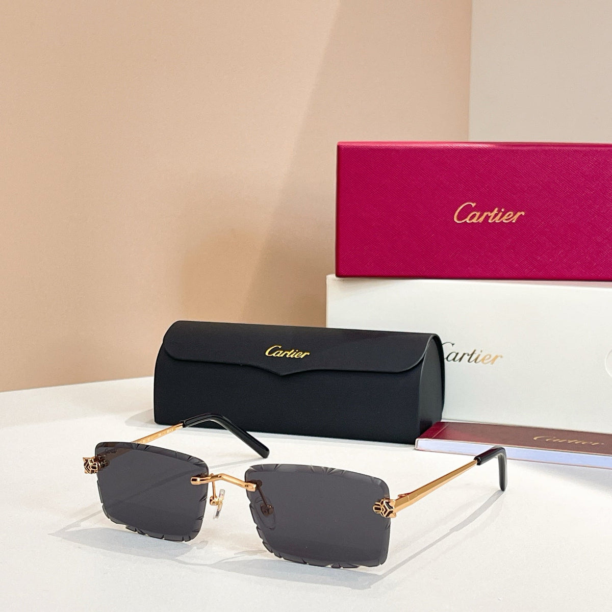 CARTIER C DE RIMLESS RECTANGULAR FRAME SUNGLASSES 578359 IN METAL