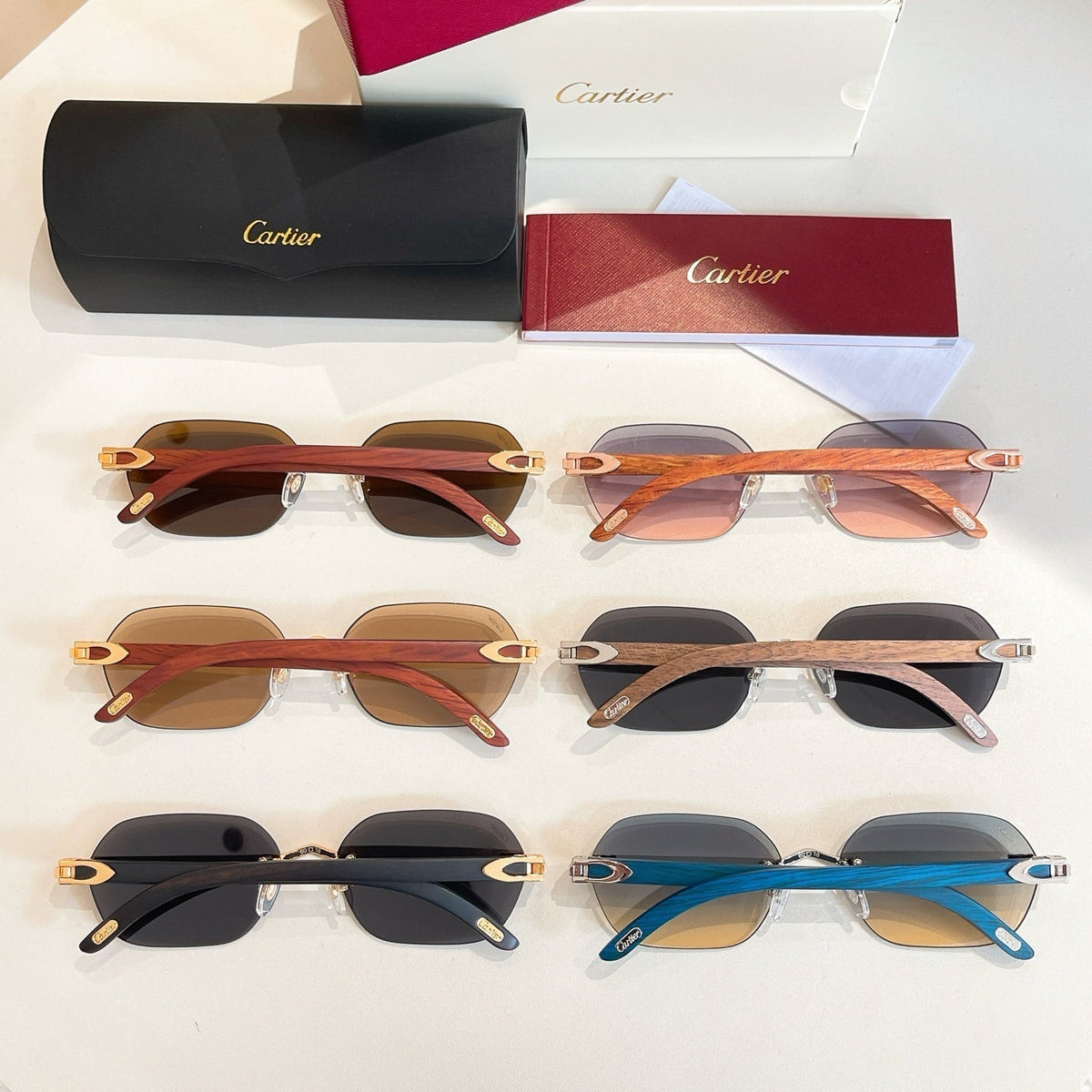 CARTIER C DE RIMLESS GEOMETRIC FRAME SUNGLASSES 579510 IN METAL AND WOODEN