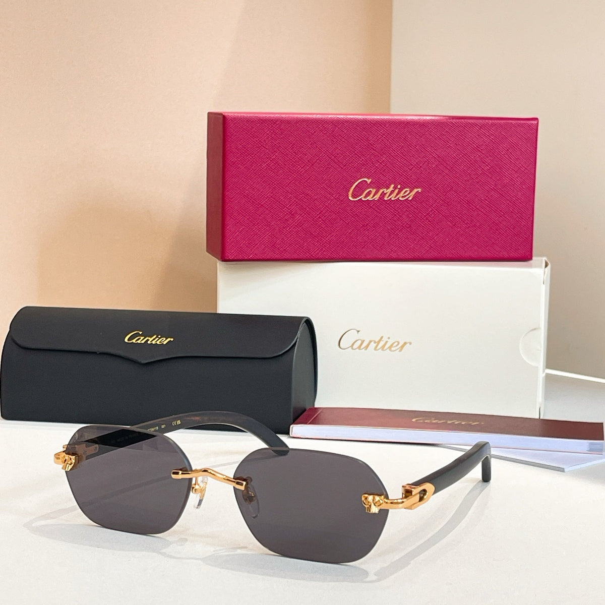 CARTIER C DE RIMLESS GEOMETRIC FRAME SUNGLASSES 579510 IN METAL AND WOODEN
