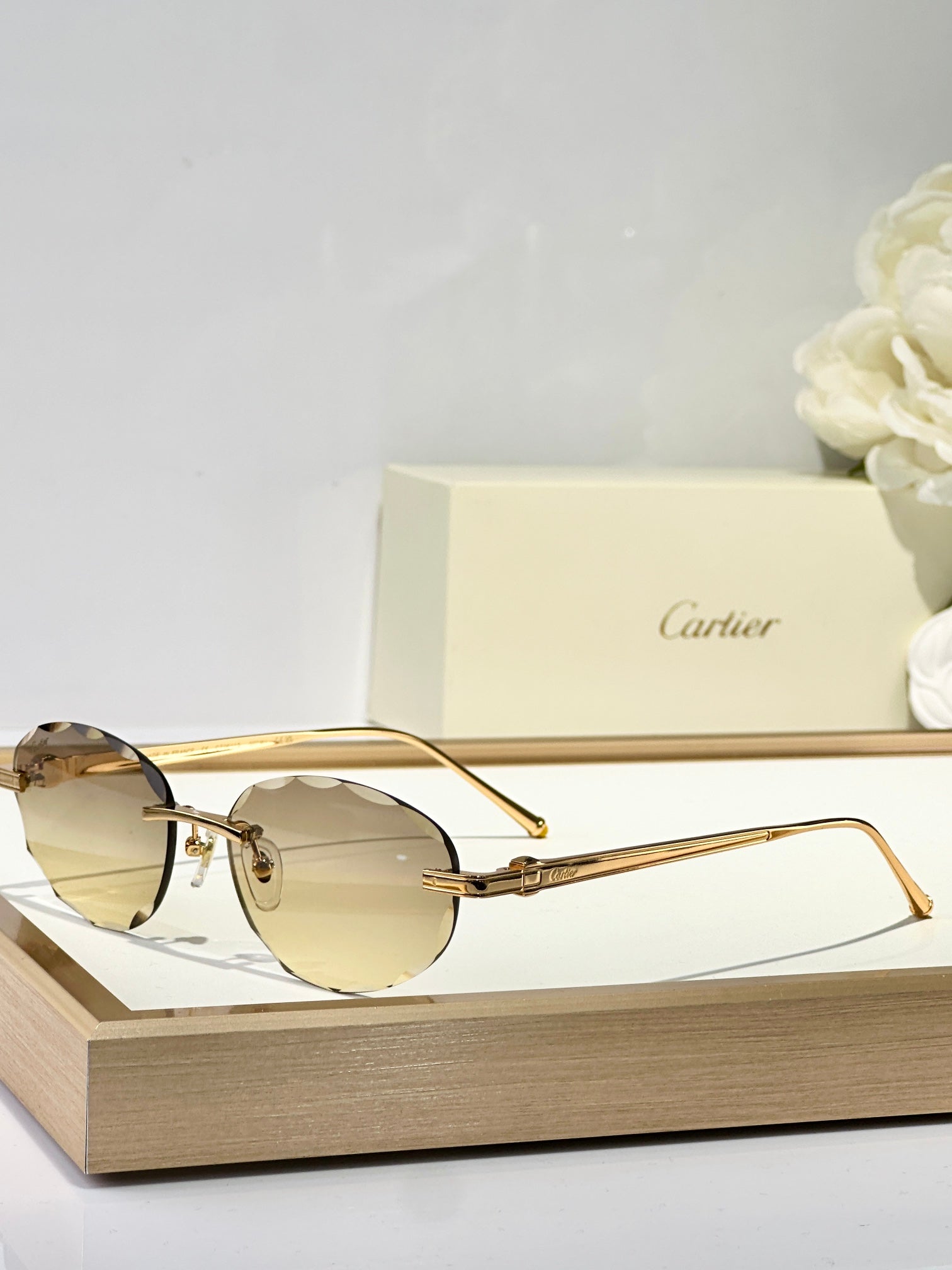CARTIER C DE RIMLESS ROUND FRAME SUNGLASSES CT0611S IN METAL