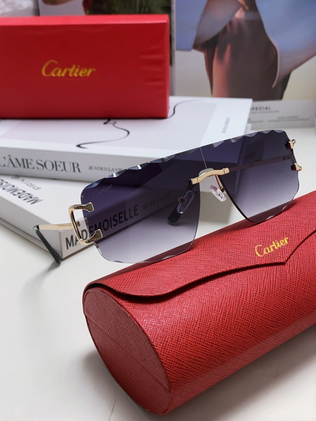 CARTIER C DE RIMLESS NAVIGATOR FRAME SUNGLASSES 548665 IN METAL