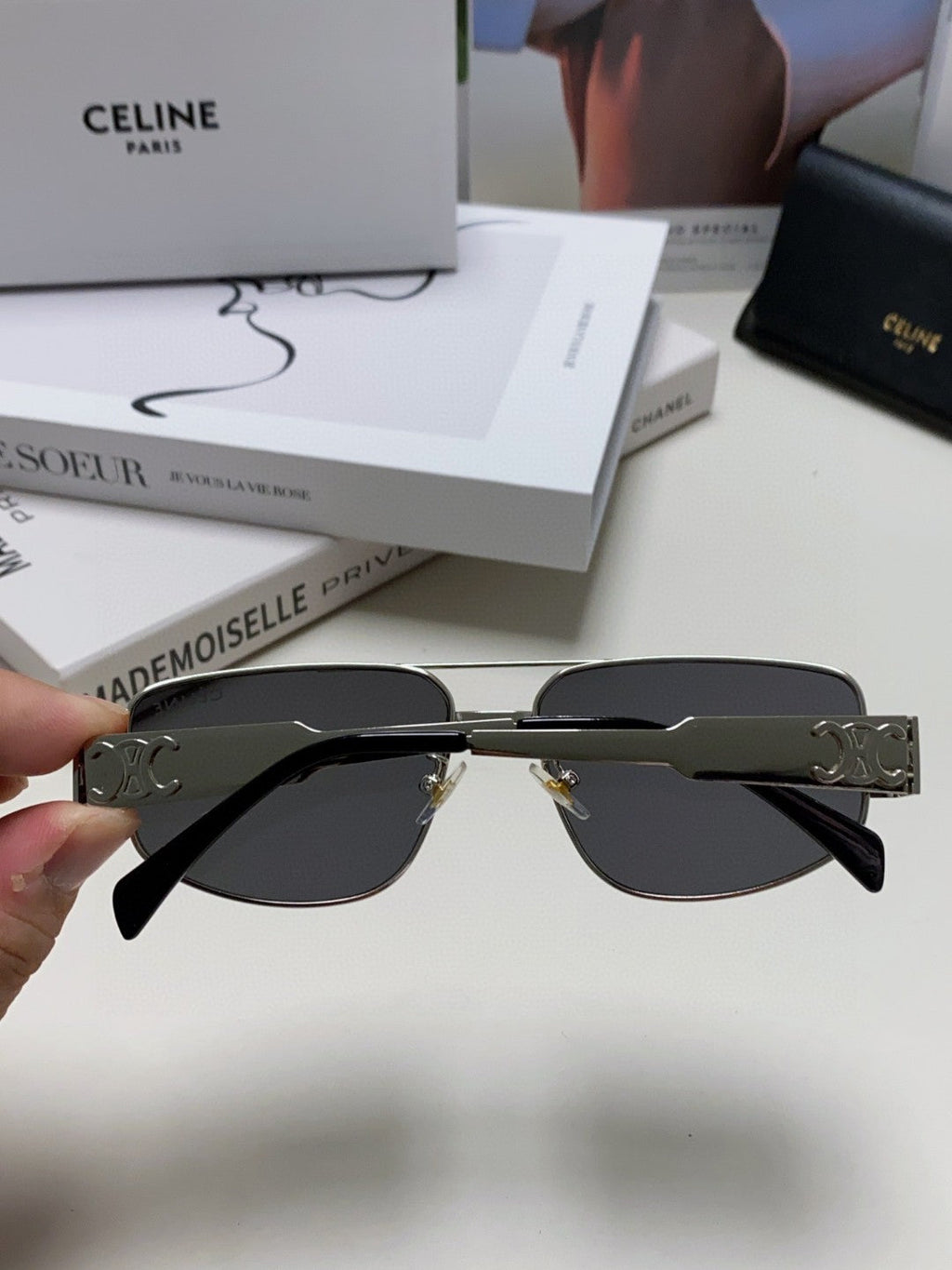 CELINE TRIOMPHE SUNGLASS 512999 IN SILVER METAL BLACK LENSES