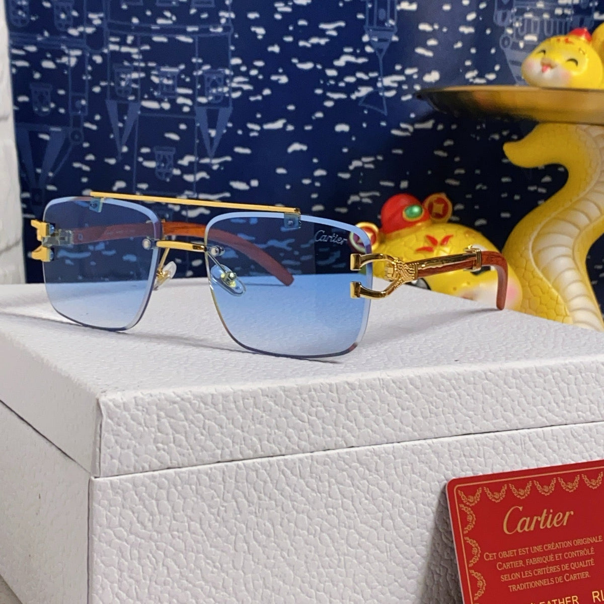 CARTIER C DE SQUARE FRAME SUNGLASSES 522656 IN METAL AND WOODEN