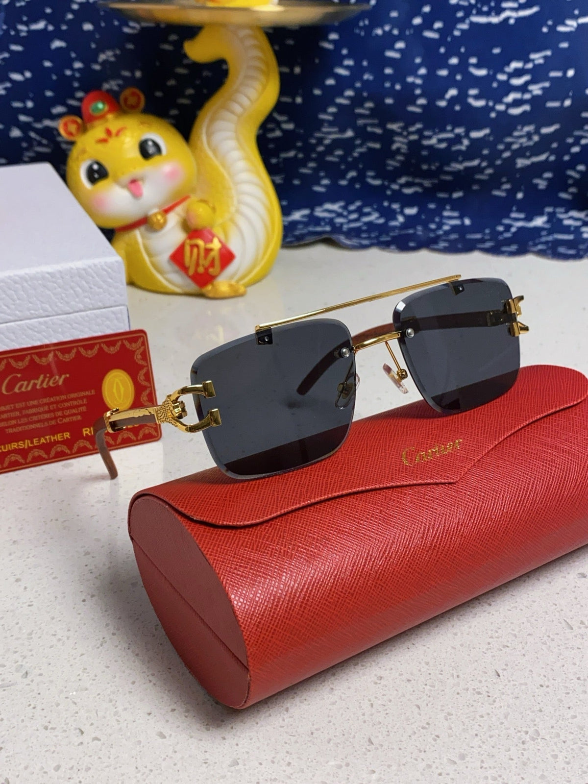 CARTIER C DE SQUARE FRAME SUNGLASSES 522656 IN METAL AND WOODEN