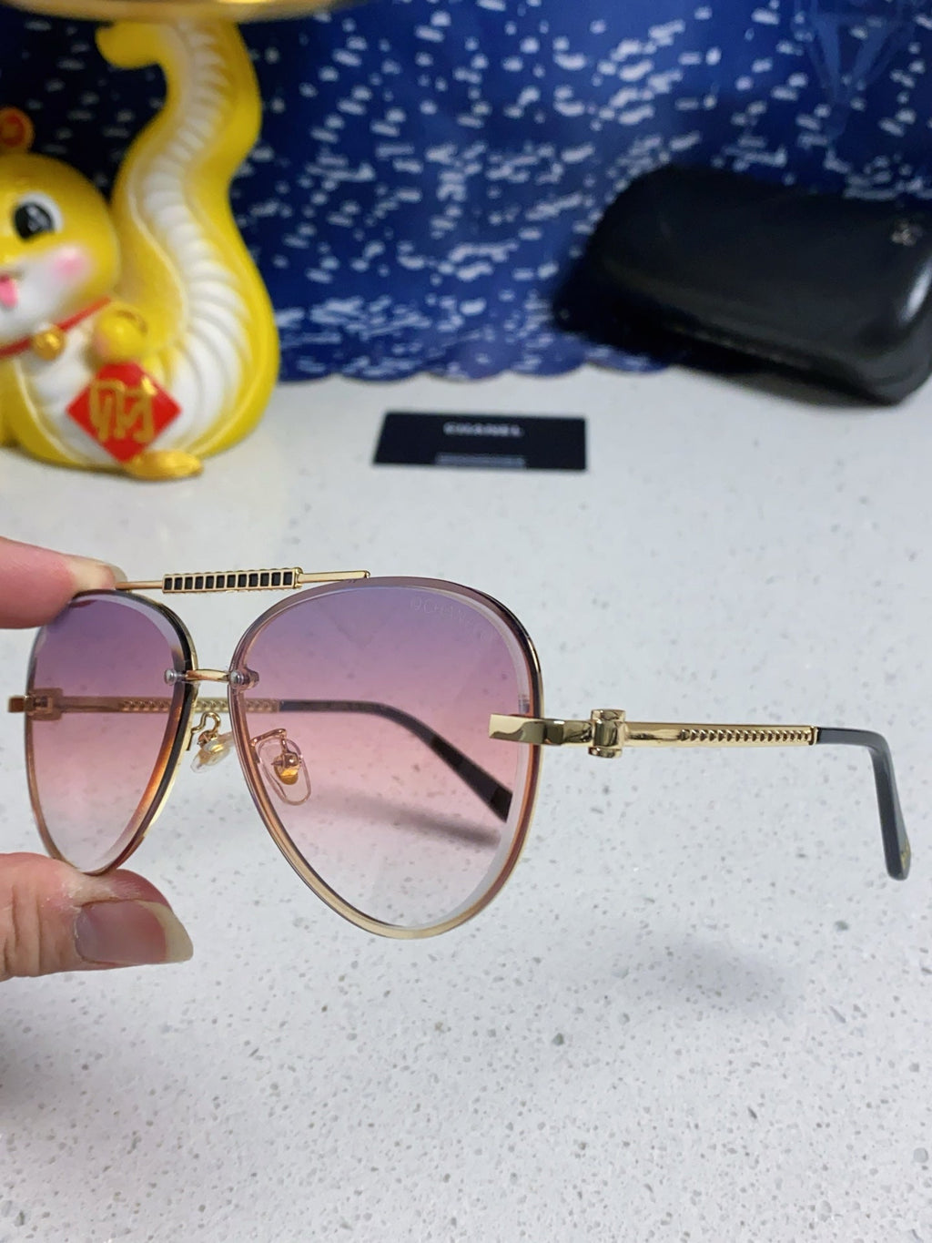 CHANEL CAT EYE SUNGLASSES 641934 IN GOLD METAL PINK SMOKE LENSES