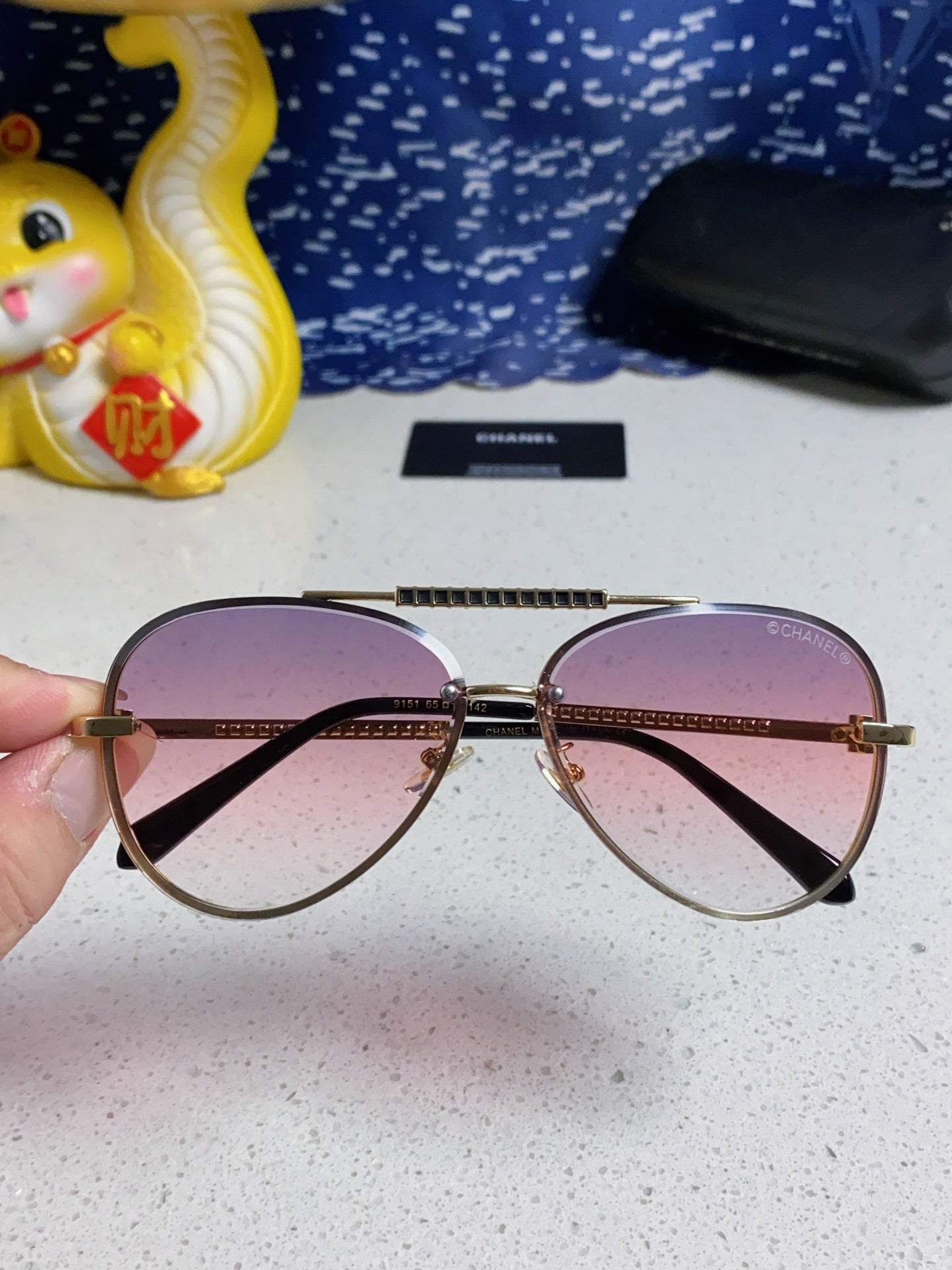 CHANEL CAT EYE SUNGLASSES 641934 IN GOLD METAL PINK SMOKE LENSES