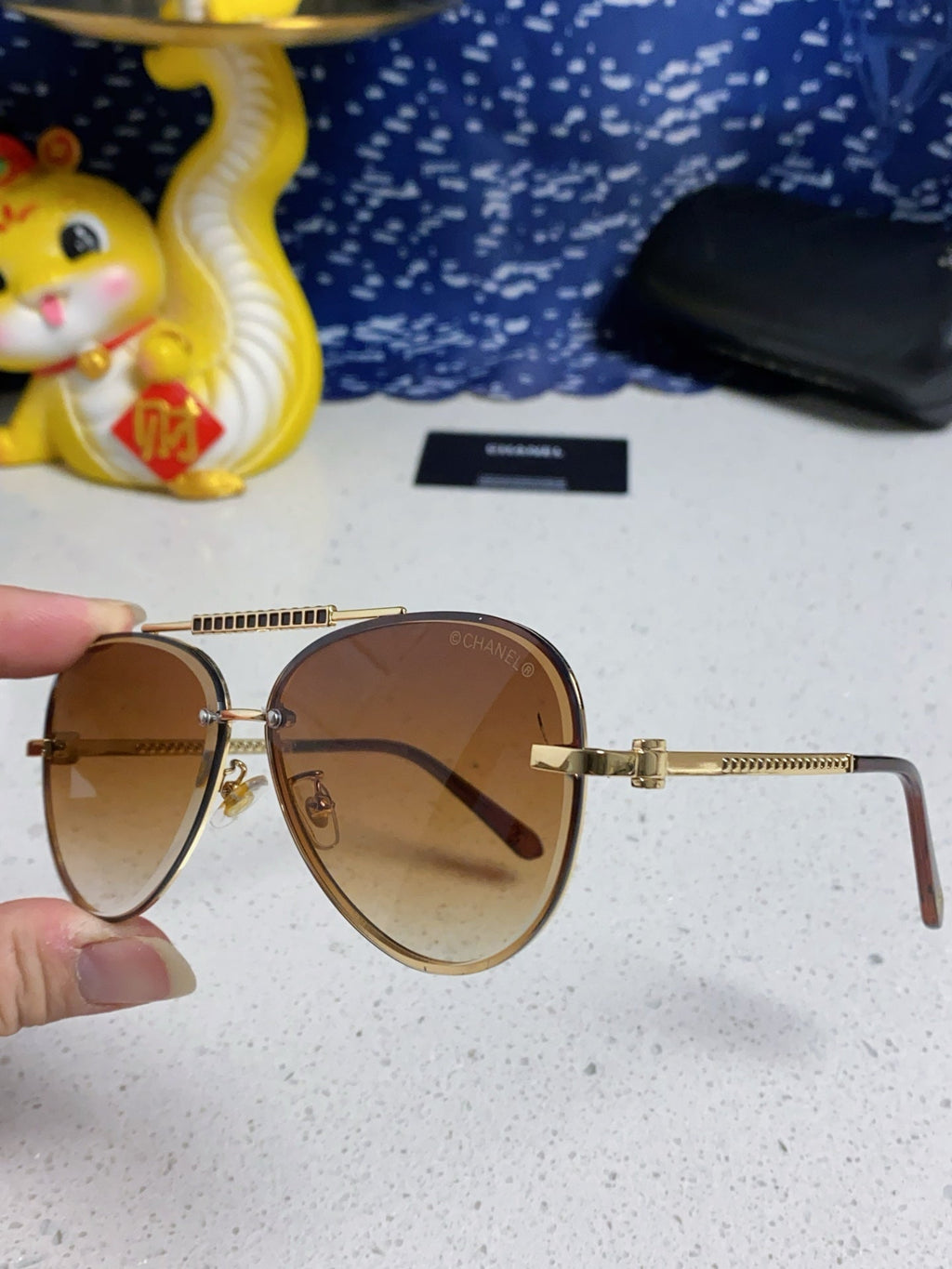 CHANEL CAT EYE SUNGLASSES 641935 IN GOLD METAL BROWN SMOKE LENSES