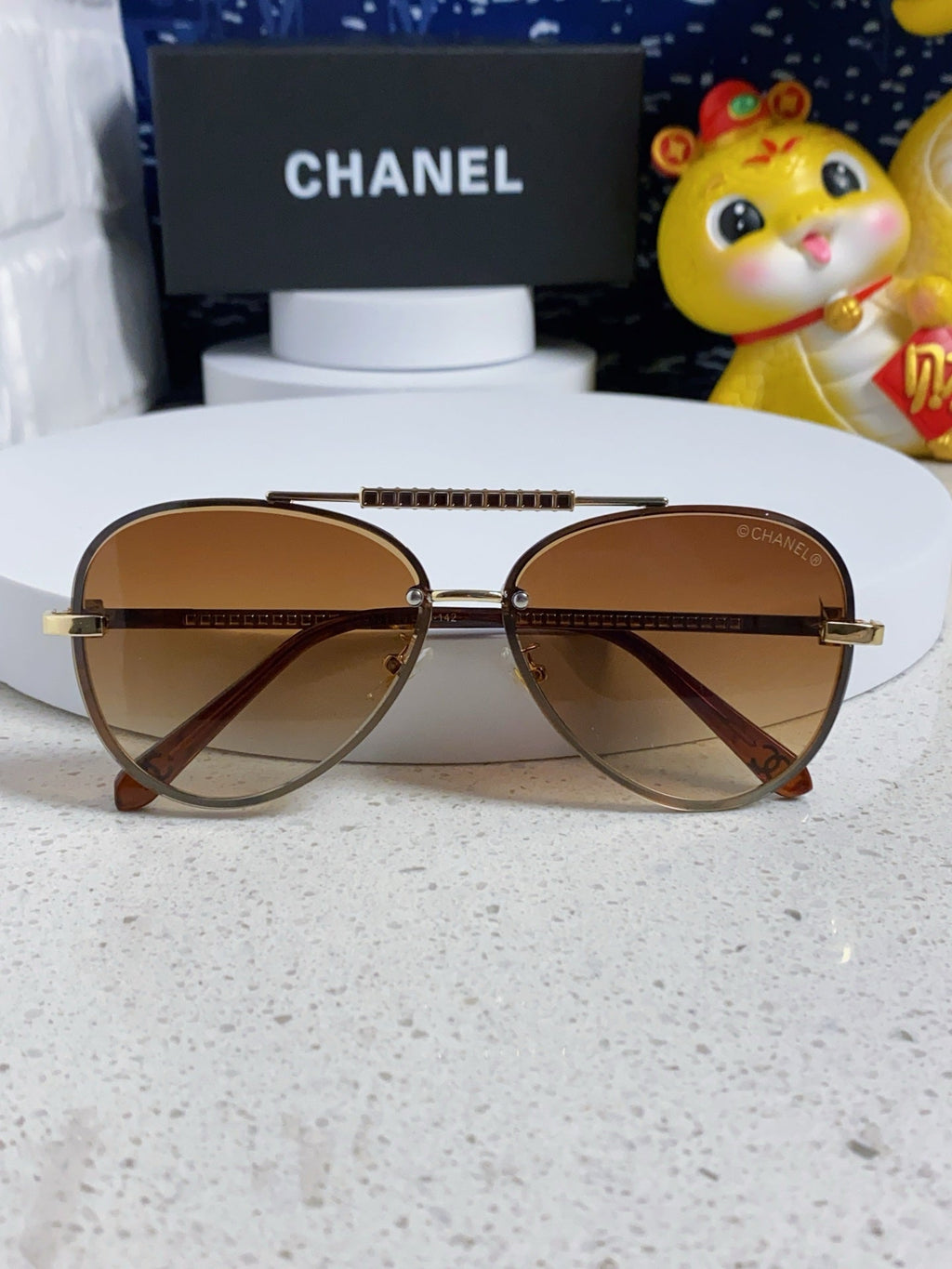 CHANEL CAT EYE SUNGLASSES 641935 IN GOLD METAL BROWN SMOKE LENSES