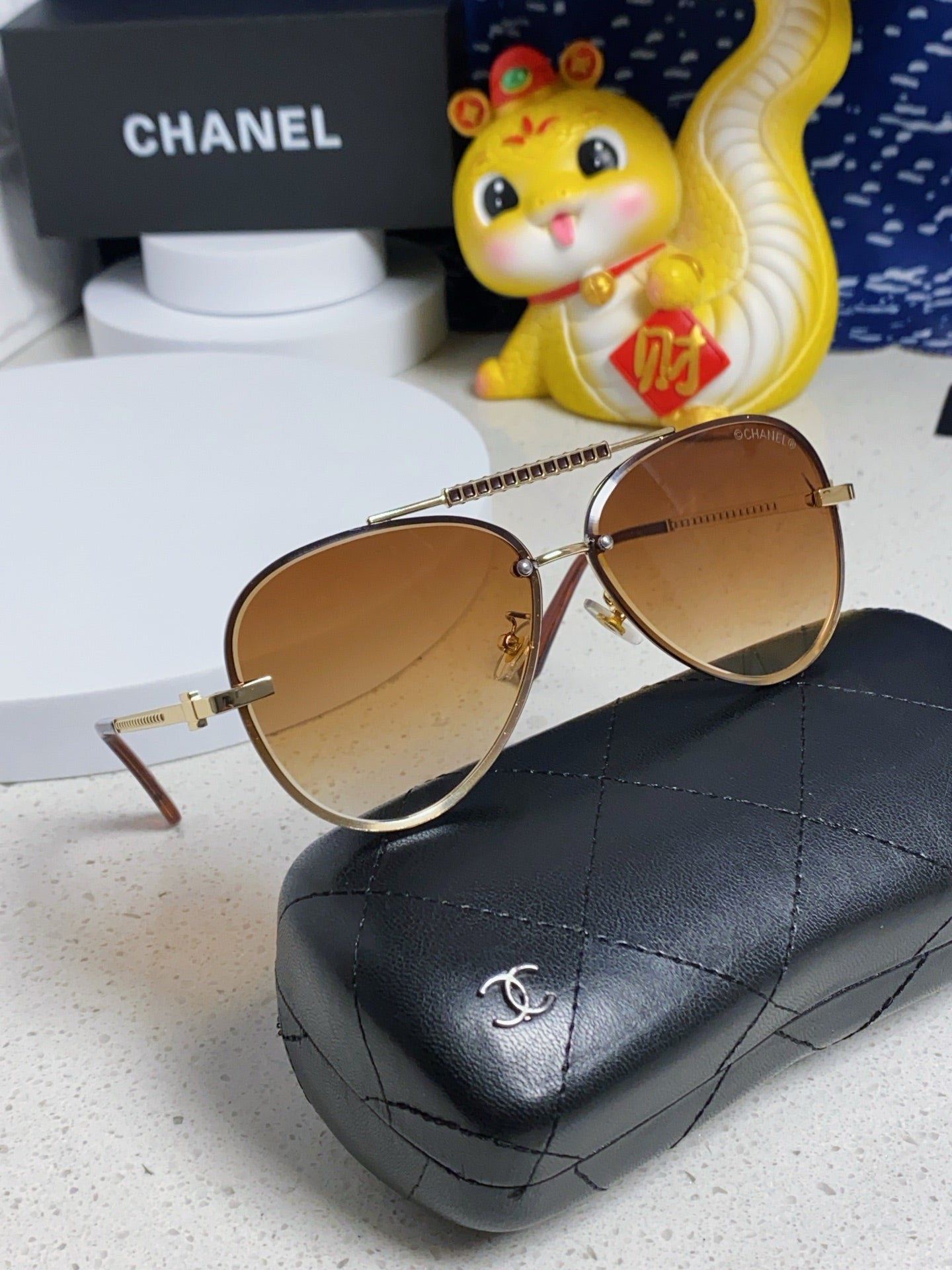 CHANEL CAT EYE SUNGLASSES 641935 IN GOLD METAL BROWN SMOKE LENSES