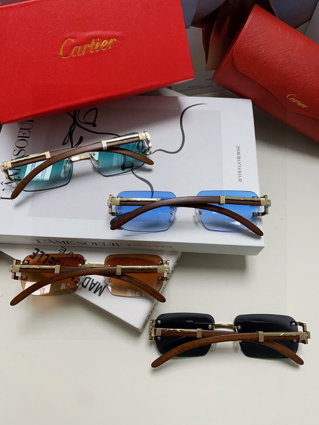 CARTIER CRYSTAL STUDDED C DE RECTANGULAR FRAME SUNGLASSES 533159 IN METAL
