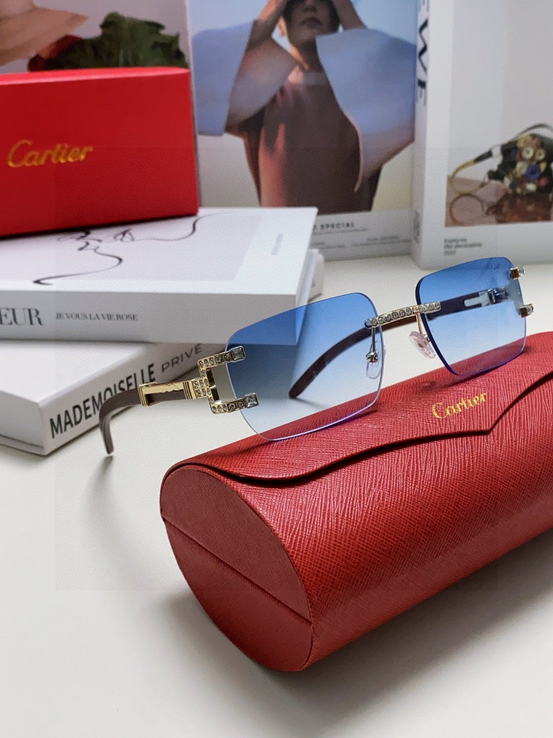 CARTIER CRYSTAL STUDDED C DE RECTANGULAR FRAME SUNGLASSES 533159 IN METAL