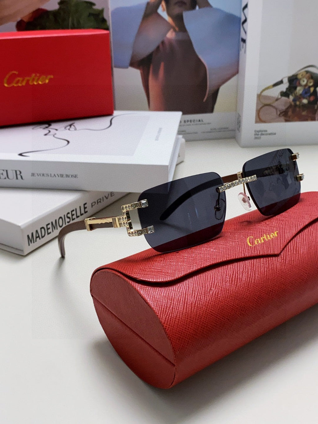 CARTIER CRYSTAL STUDDED C DE RECTANGULAR FRAME SUNGLASSES 533159 IN METAL