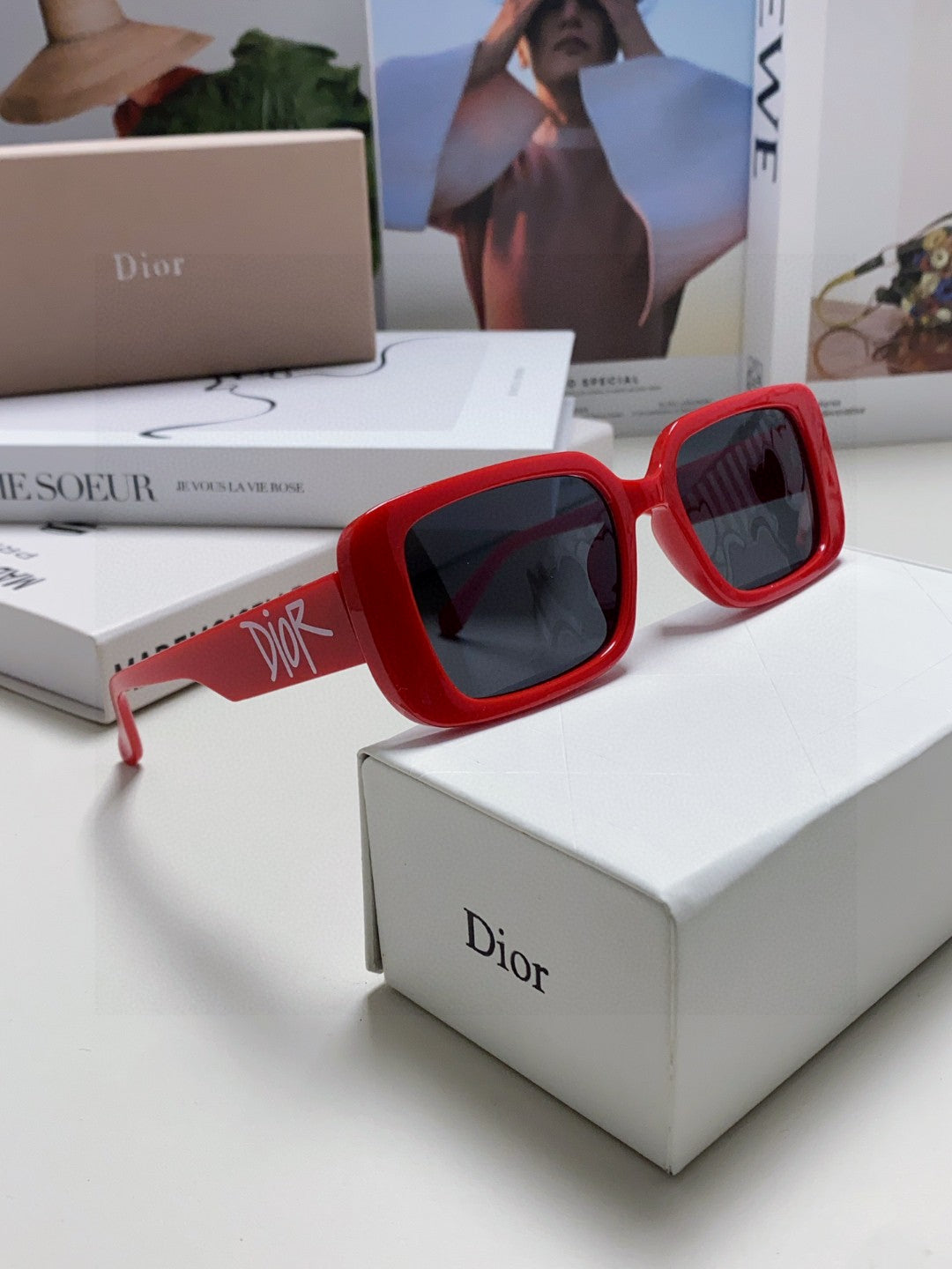 DIOR MONTAIGNE SUNGLASS 571592 IN RED ACETATE TEXT LOGO