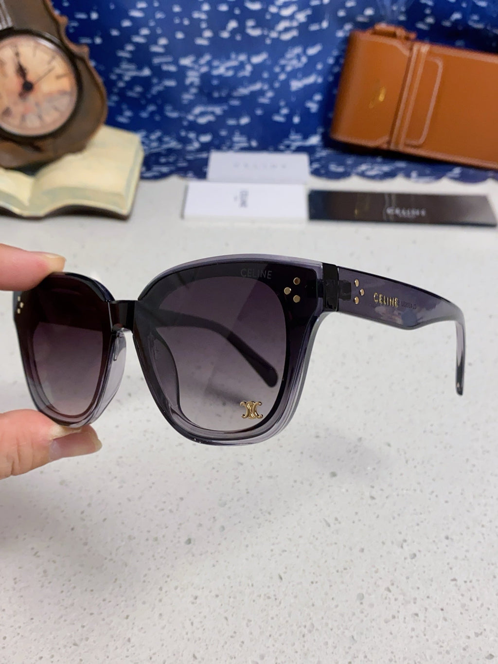 CELINE SQUARE SUNGLASS 575843 IN BLACK ACETATE GRADIENT SMOKE LENSES