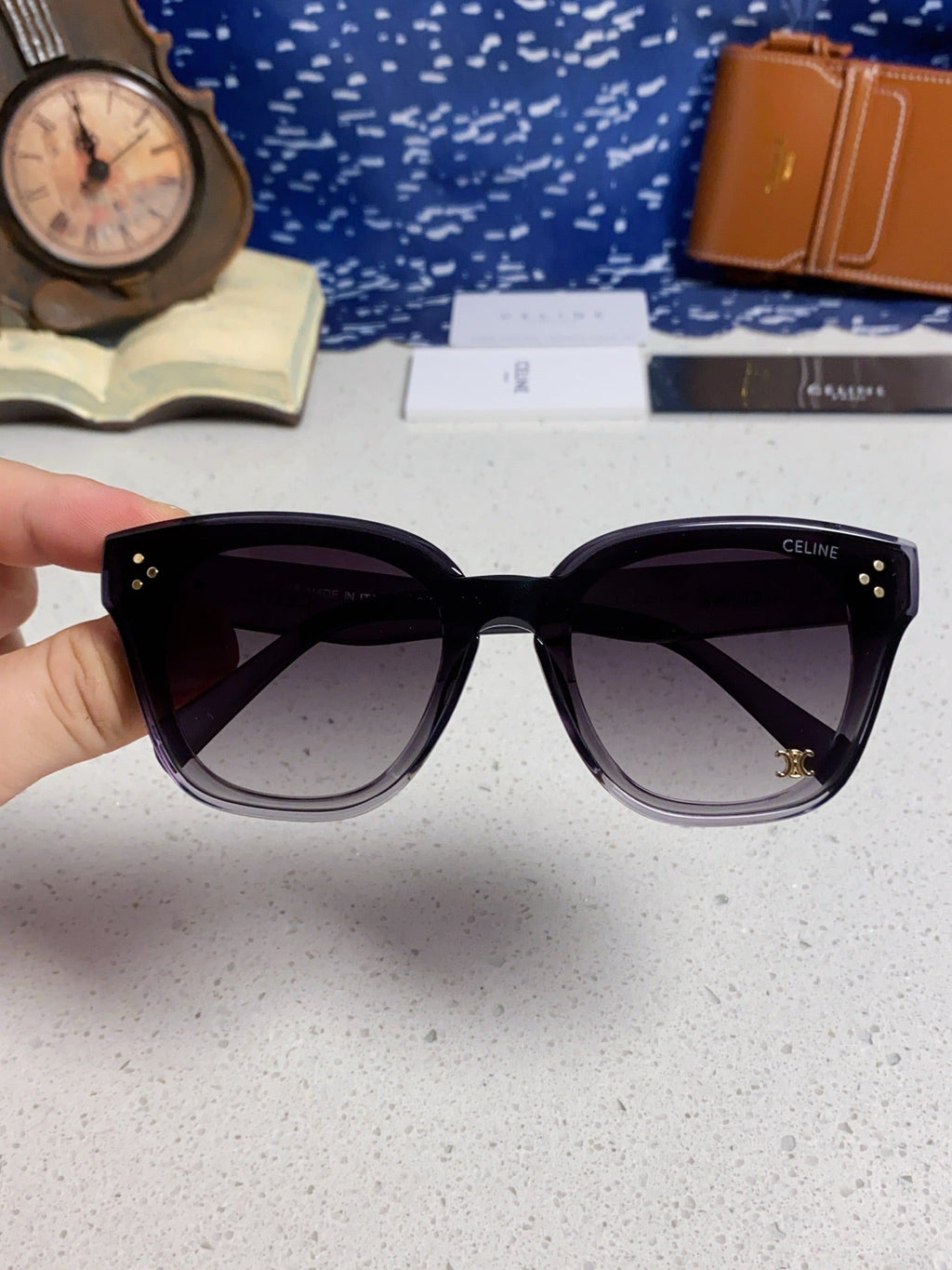CELINE SQUARE SUNGLASS 575843 IN BLACK ACETATE GRADIENT SMOKE LENSES