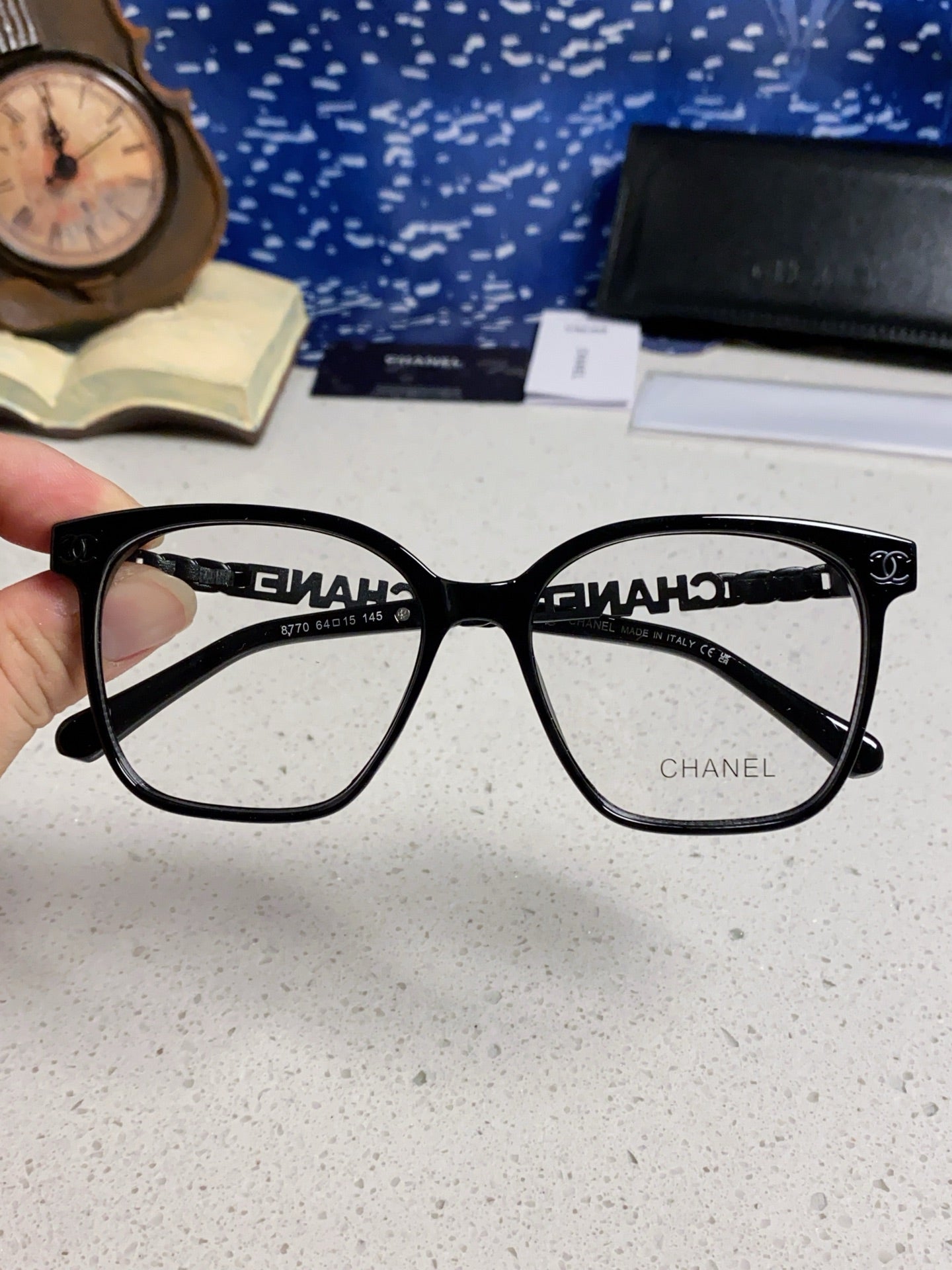 CHANEL SQUARE SUNGLASSES 632029 IN BLACK ACETATE BLACK LOGO ON FRAME