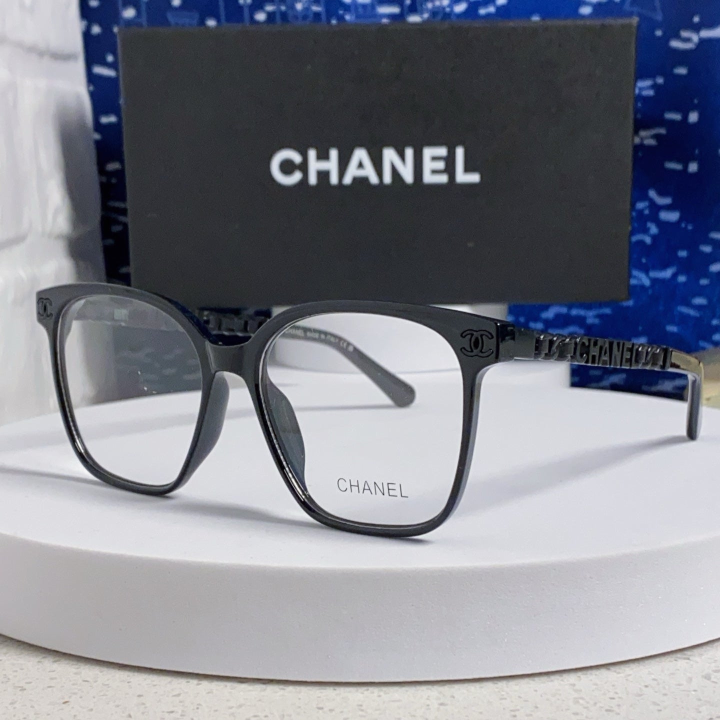 CHANEL SQUARE SUNGLASSES 632029 IN BLACK ACETATE BLACK LOGO ON FRAME