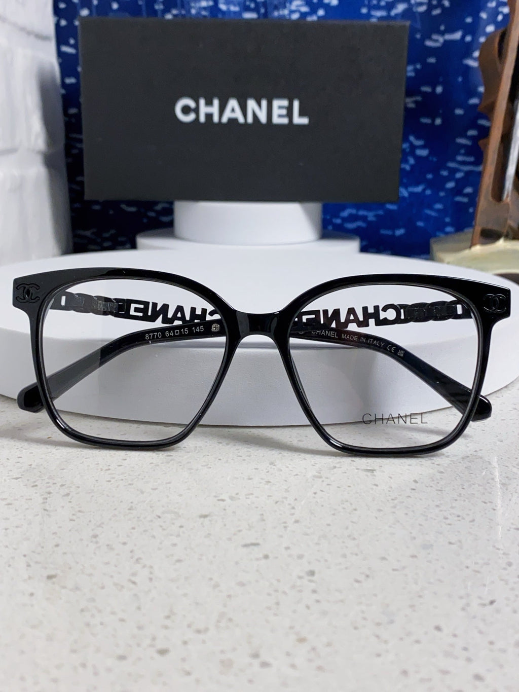 CHANEL SQUARE SUNGLASSES 632029 IN BLACK ACETATE BLACK LOGO ON FRAME