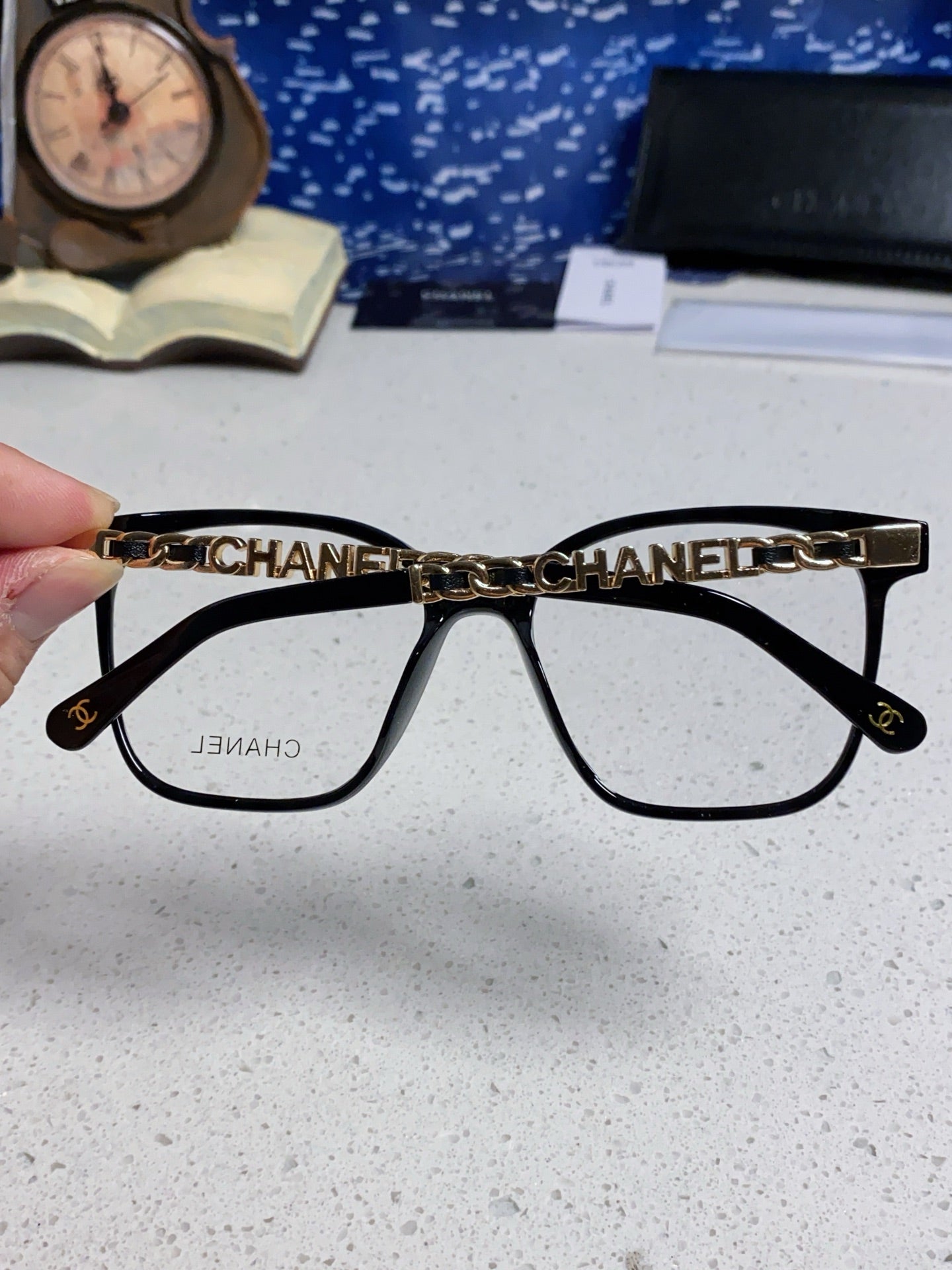 CHANEL SQUARE SUNGLASSES 632030 IN BLACK ACETATE CLEAR LENSES