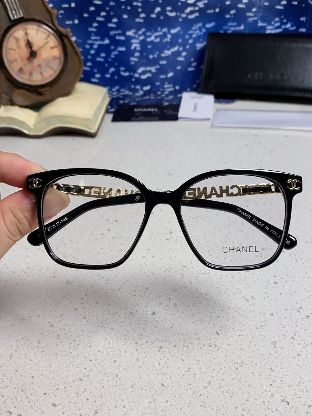 CHANEL SQUARE SUNGLASSES 632030 IN BLACK ACETATE CLEAR LENSES