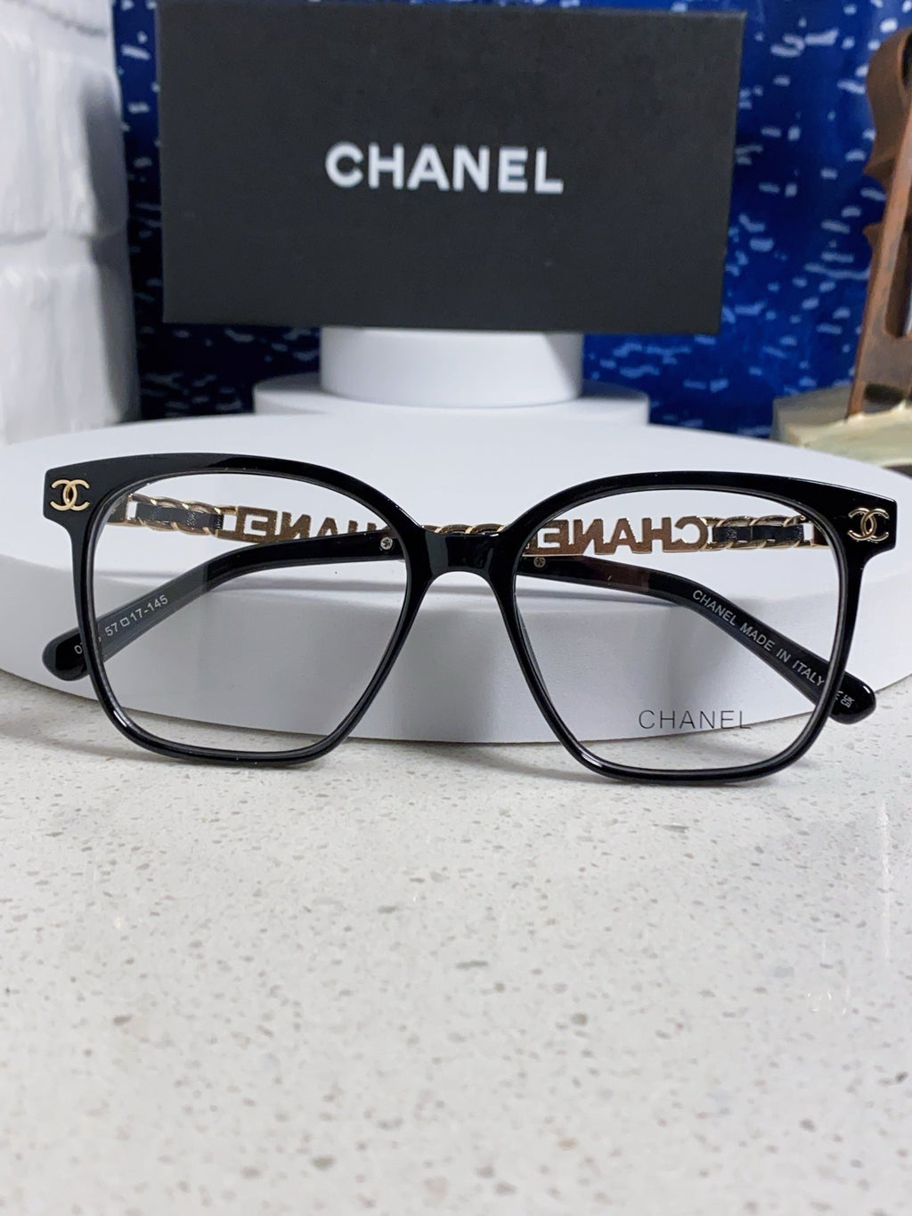 CHANEL SQUARE SUNGLASSES 632030 IN BLACK ACETATE CLEAR LENSES