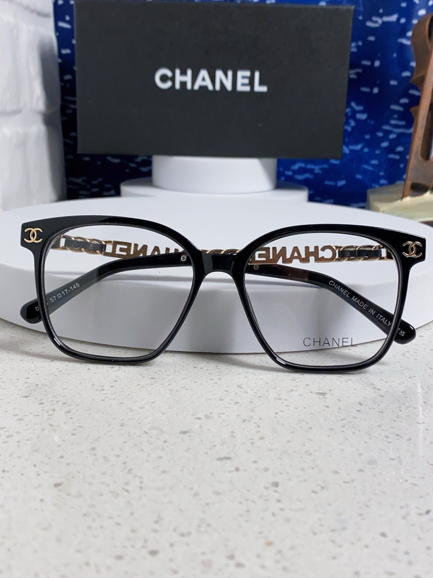 CHANEL SQUARE SUNGLASSES 632030 IN BLACK ACETATE CLEAR LENSES